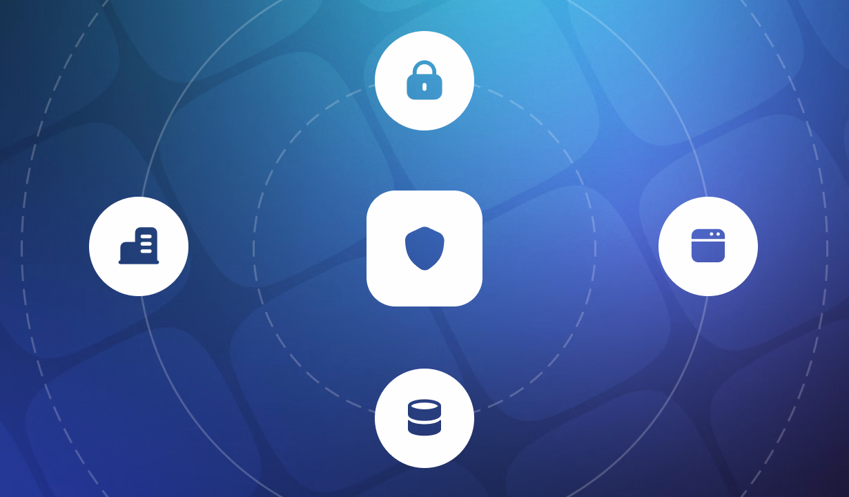 Central shield icon surrounded by four security-related icons on a blue digital network background