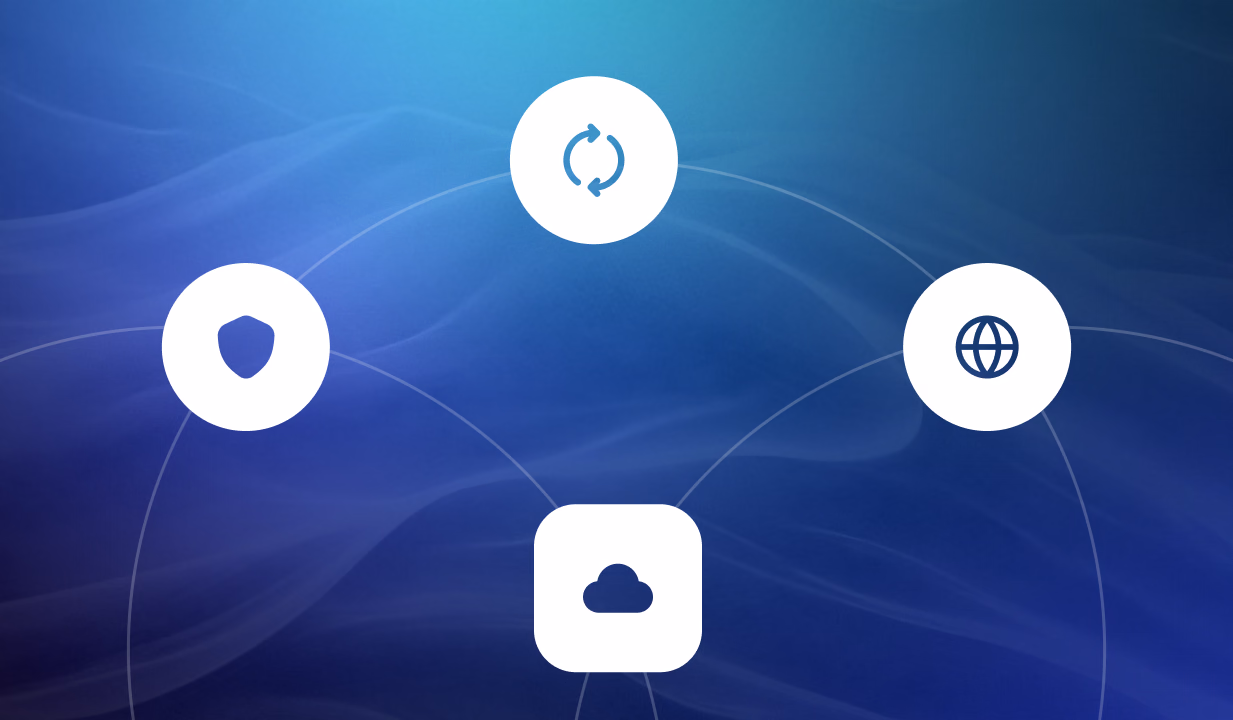 Four connected icons on blue background representing security, sync, global access, and cloud storage