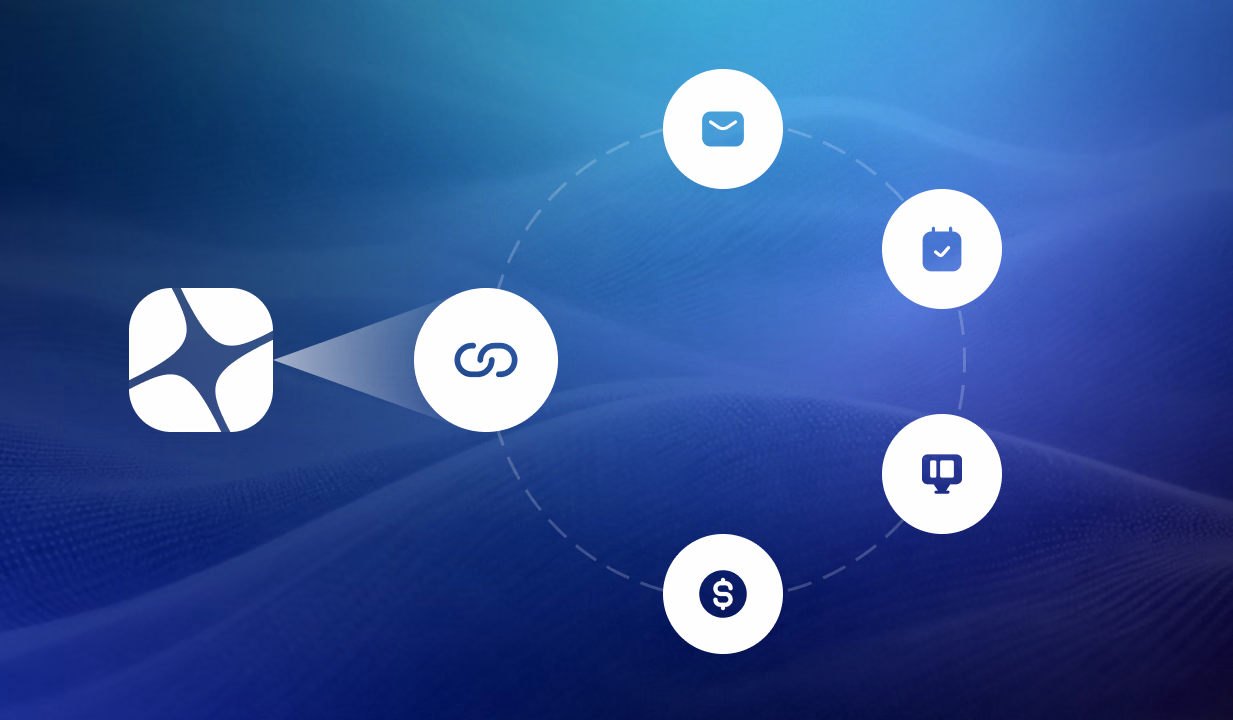 Network diagram showing a central link icon connected to five app icons including email, shopping bag, chat, and dollar sign on blue background