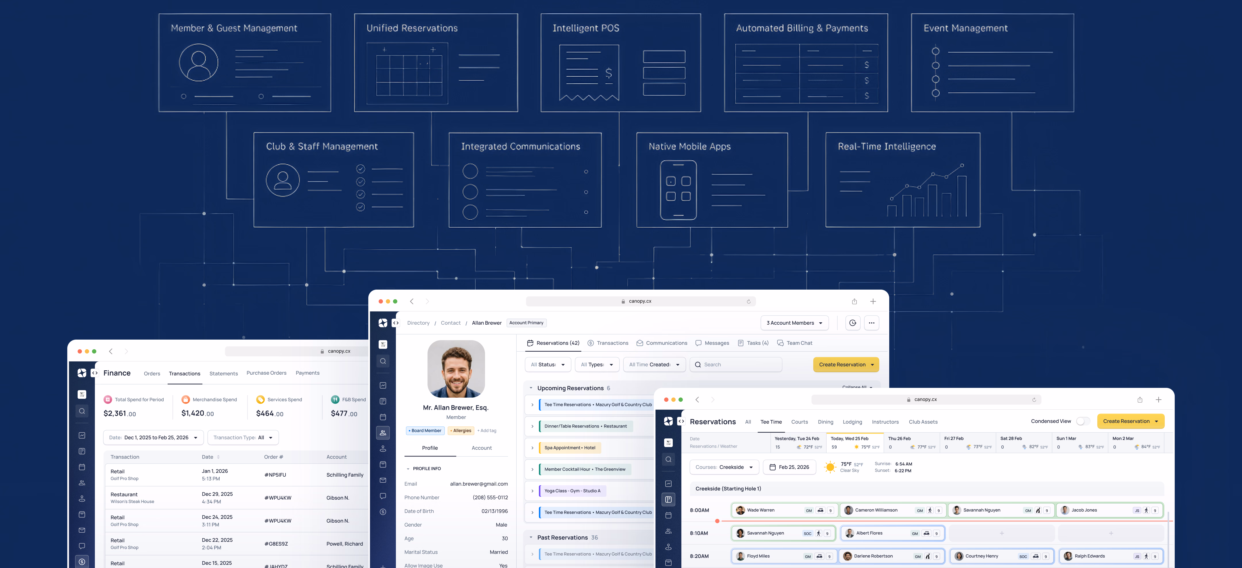 Software dashboard mockup showing employee management, payroll, and HR tools with navigation panels and data tables
