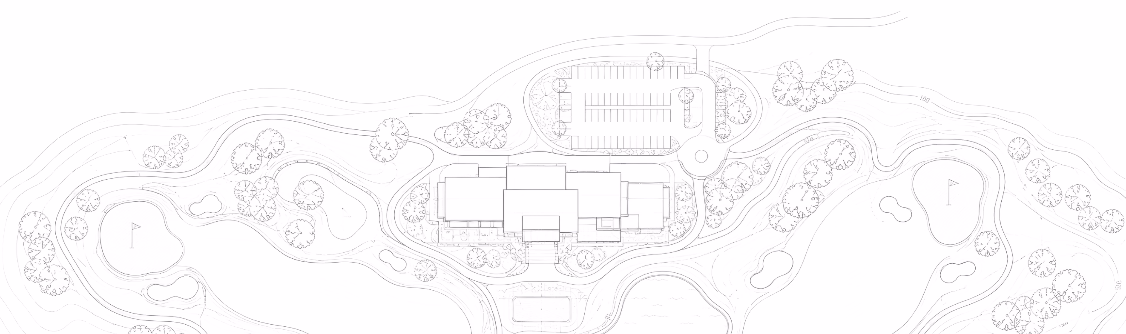 Architectural site plan showing building layouts, pathways, and landscaping in light gray lines