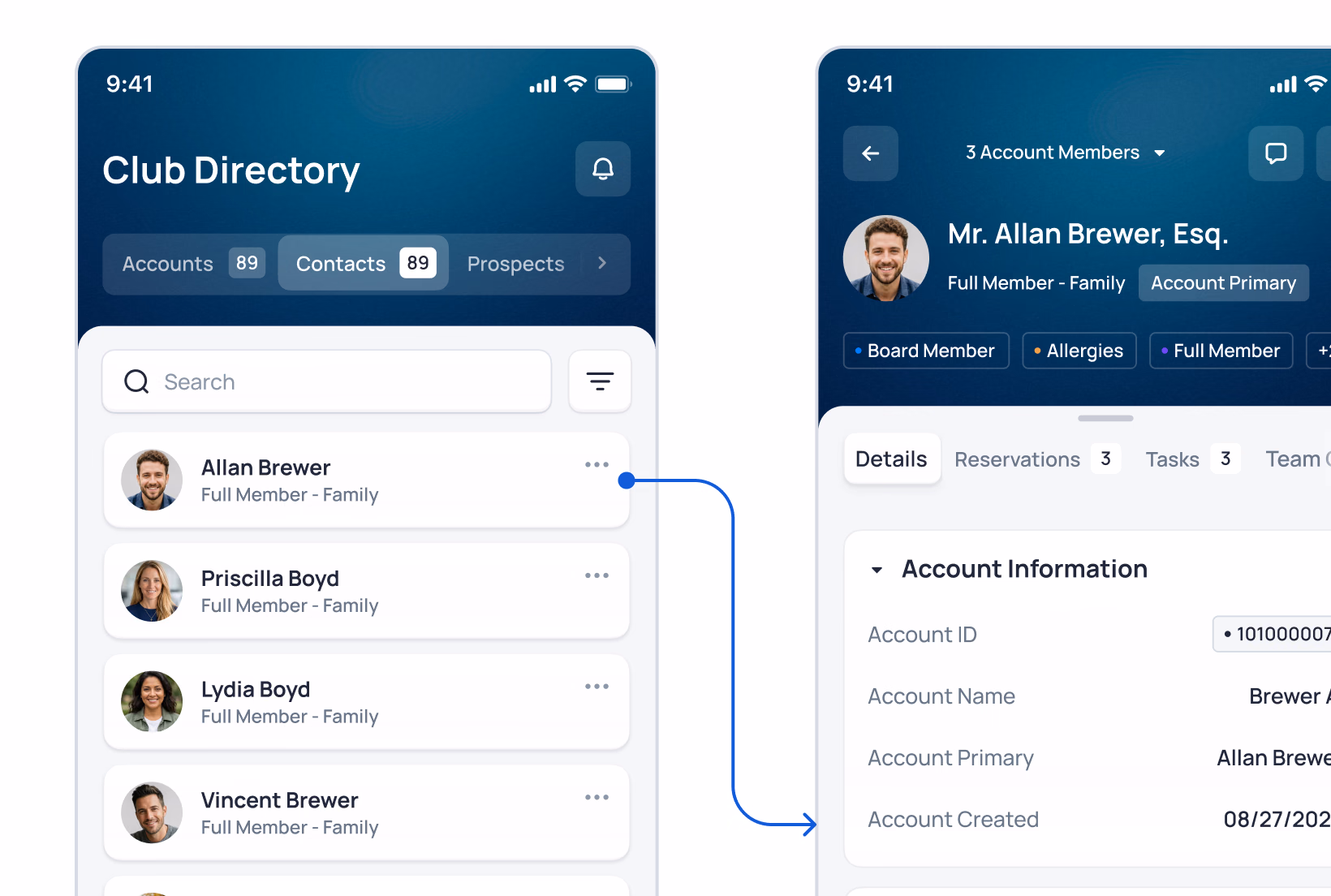 Club Directory app showing member list with Allan Brewer selected, displaying account details including ID and creation date