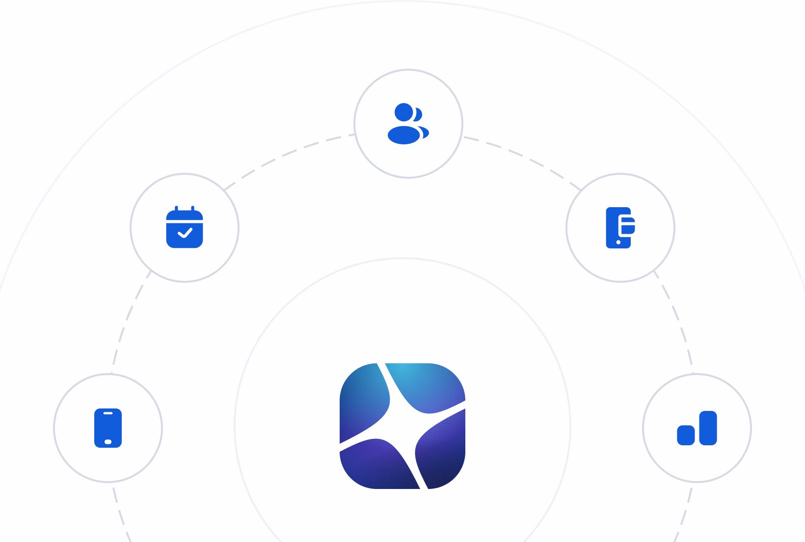 Blue and white logo surrounded by six circular icons representing people, calendar, settings, mobile device, chart, and chat features