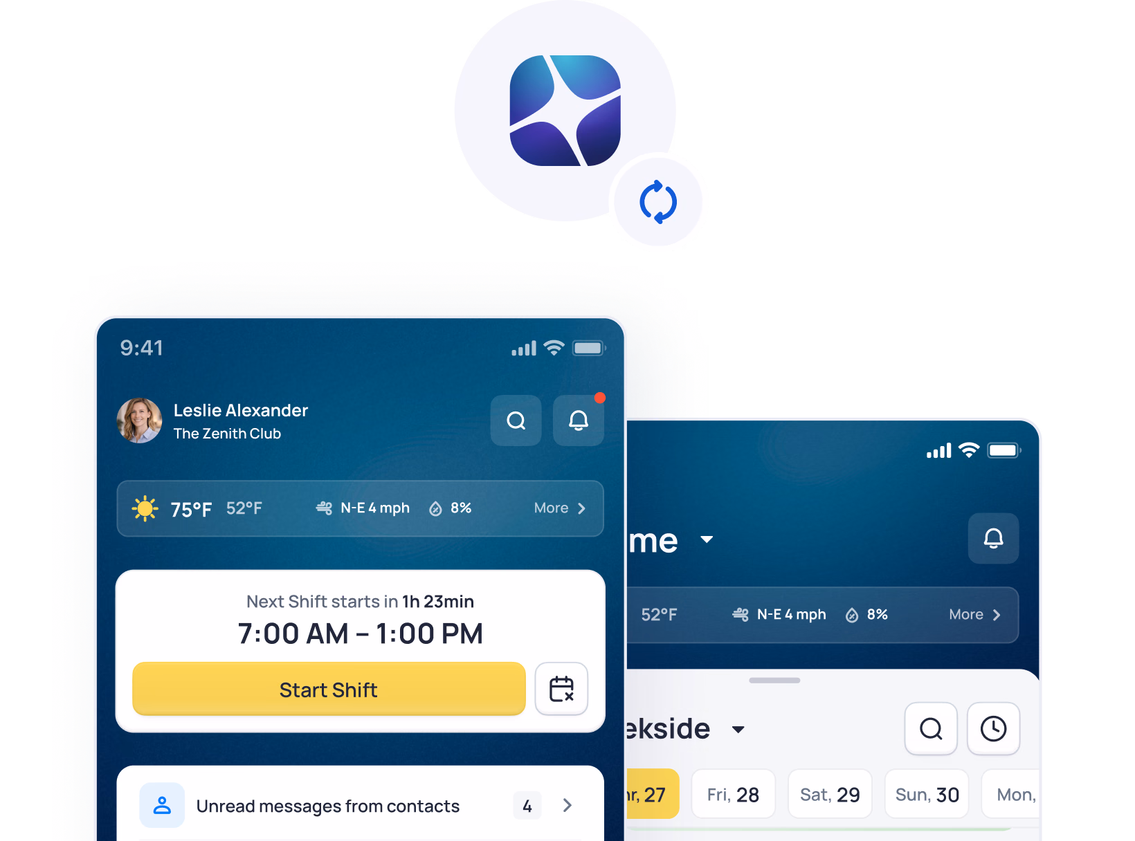 Mobile app interface showing shift scheduling, weather, and messaging features with a "Start Shift" button