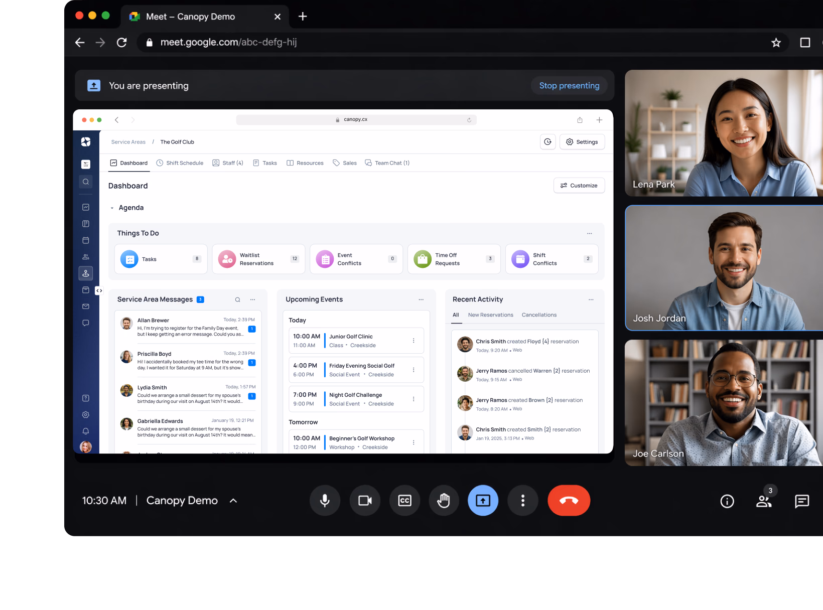 Google Meet video call with three participants and a shared dashboard showing tasks, events, and activity feed