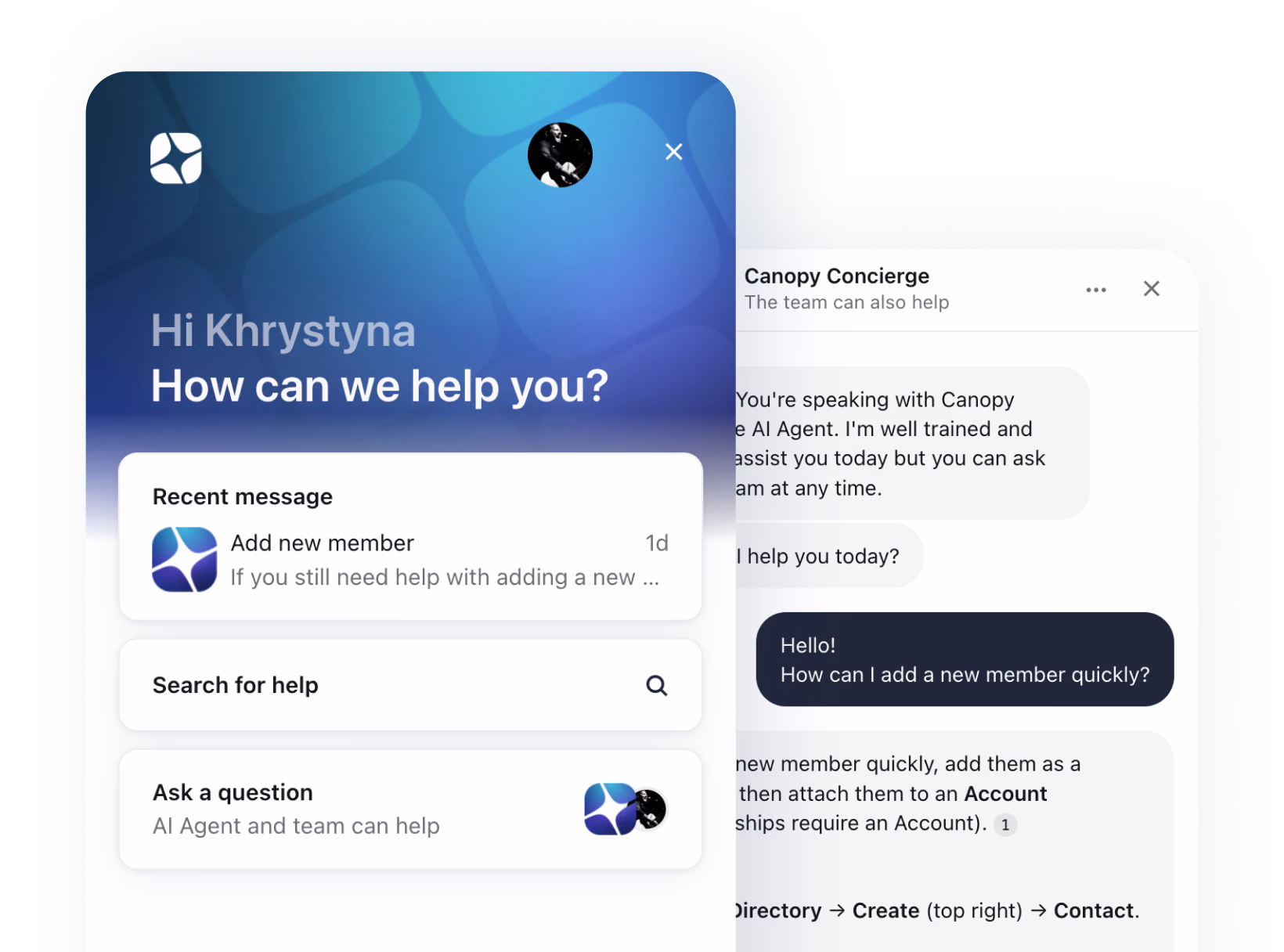 Canopy support chat interface showing greeting "Hi Khrystyna" with options for recent messages, search, and asking questions
