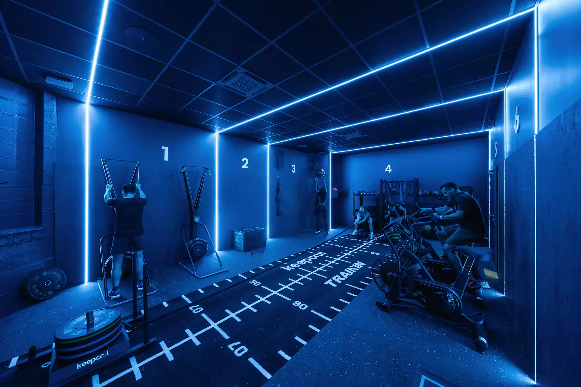 Salle de sport moderne éclairée avec équipements cardio et musculation, tapis de course, vélos et haltères, idéale pour entraînement complet.
