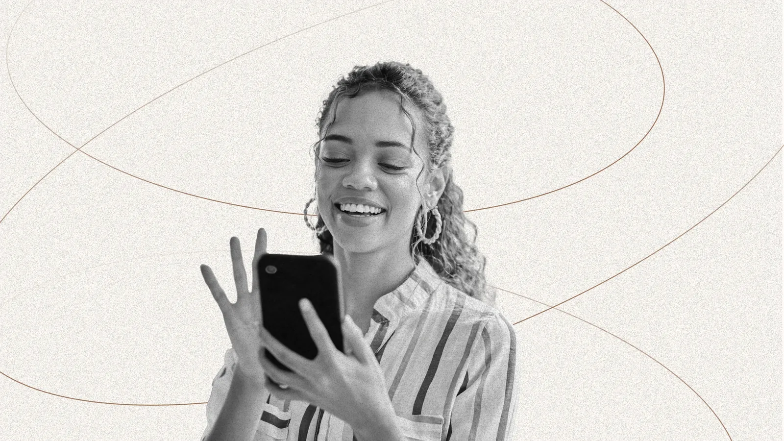 A woman smiling as she reads her phone, on an off-white background with thin looping line graphics