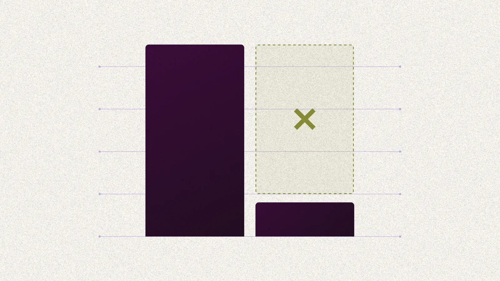 A bar chart in which a tall dark bar is followed by a much shorter one, with a dashed outline and a cross marking the gap between them