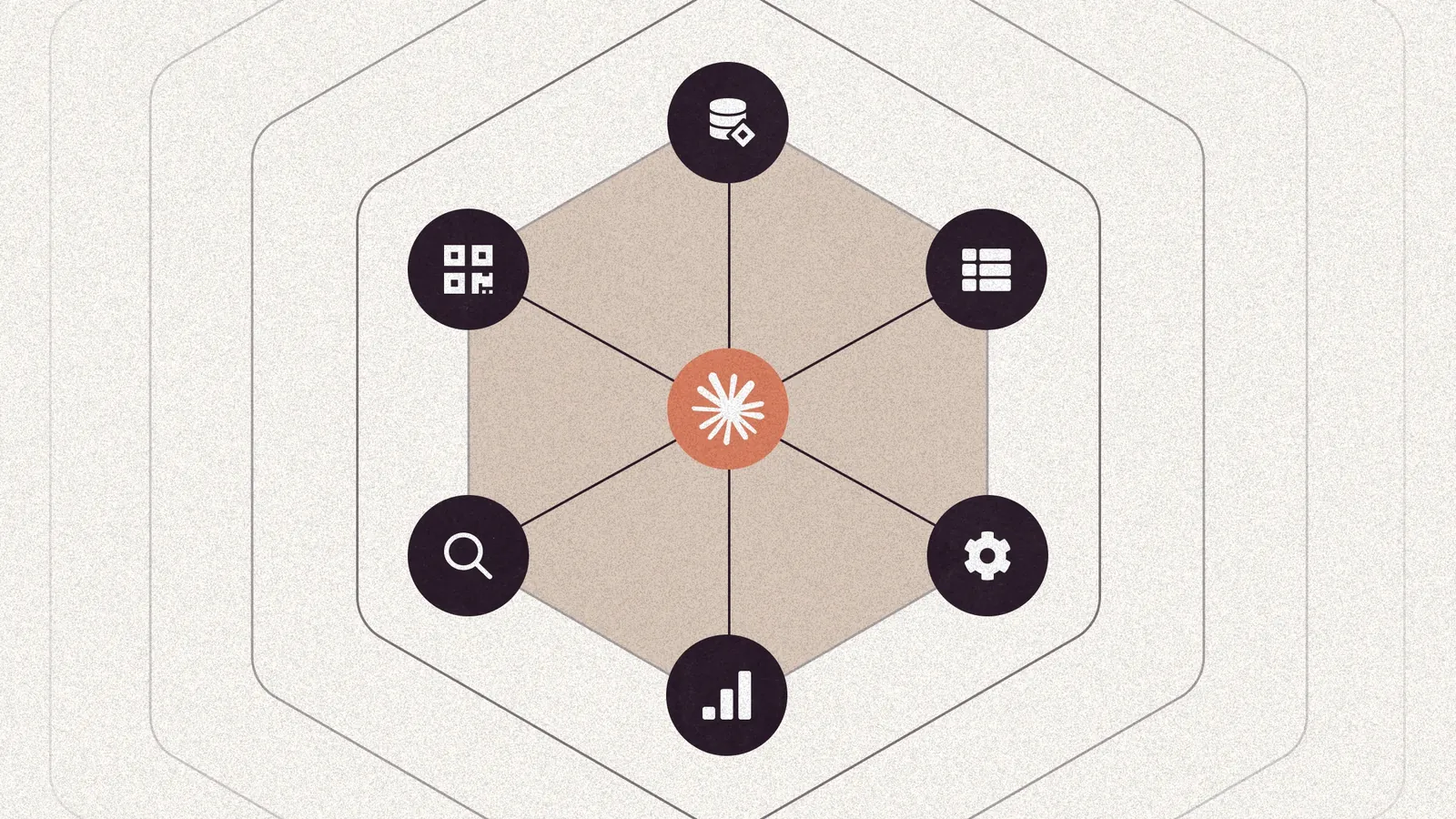 A hexagonal diagram with a starburst icon at the centre linked to six surrounding icons: database, list, settings, bar chart, search and QR code
