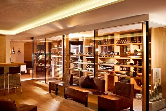 Huber's Boutique luxury wine cellar lounge at the Michelin Guide Mayrhofen hotel.