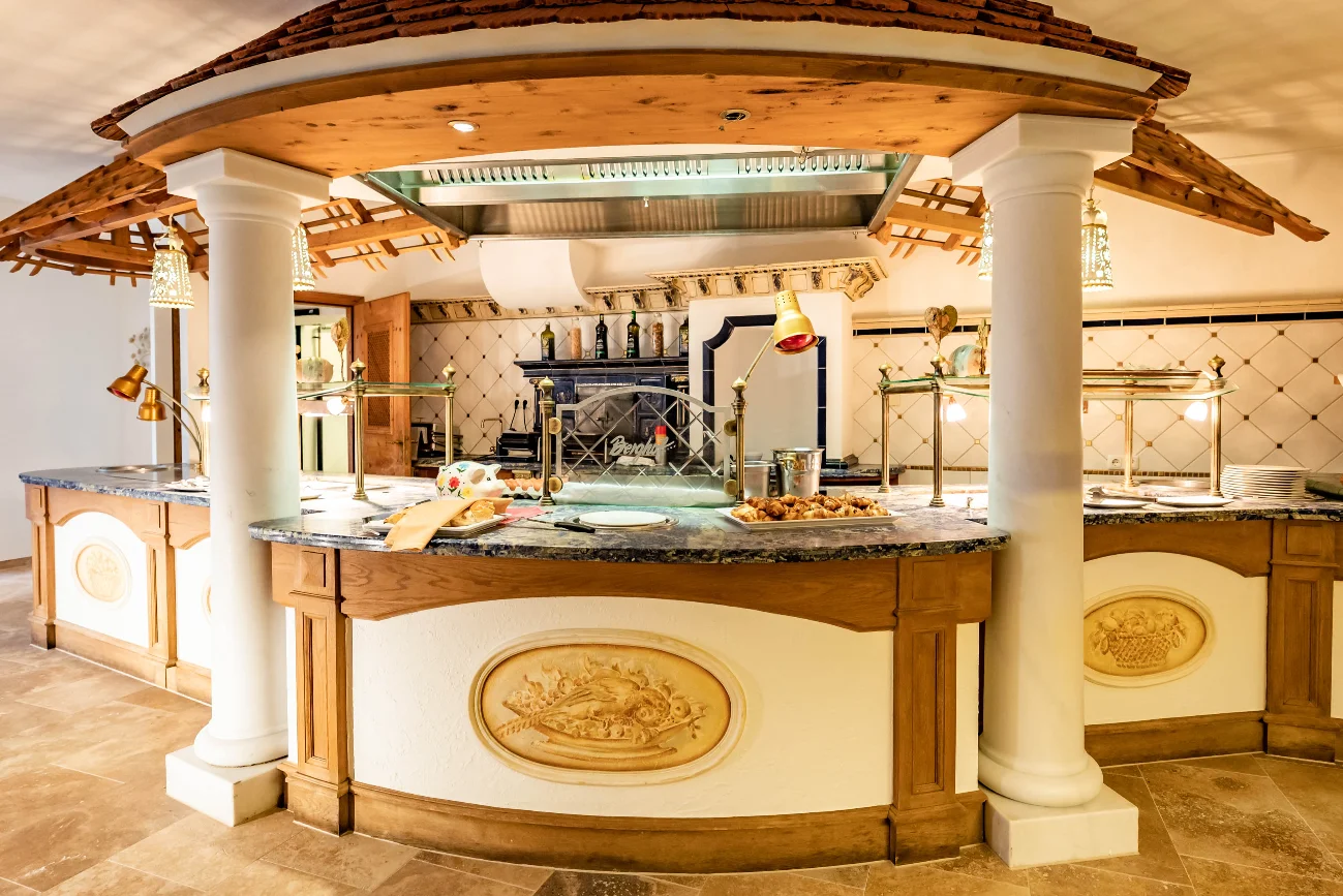 Berghof buffet restaurant interior at the Mayrhofen four-star hotel.