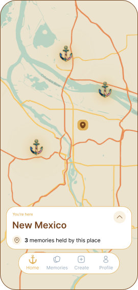 Anchor app screen showing memories pinned on a map of New Mexico.