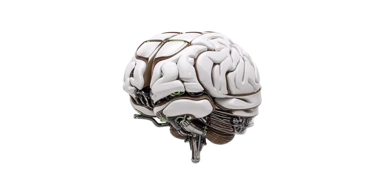 3D robotic human brain with glossy white casing plates, metallic wires, and brown mechanical accents