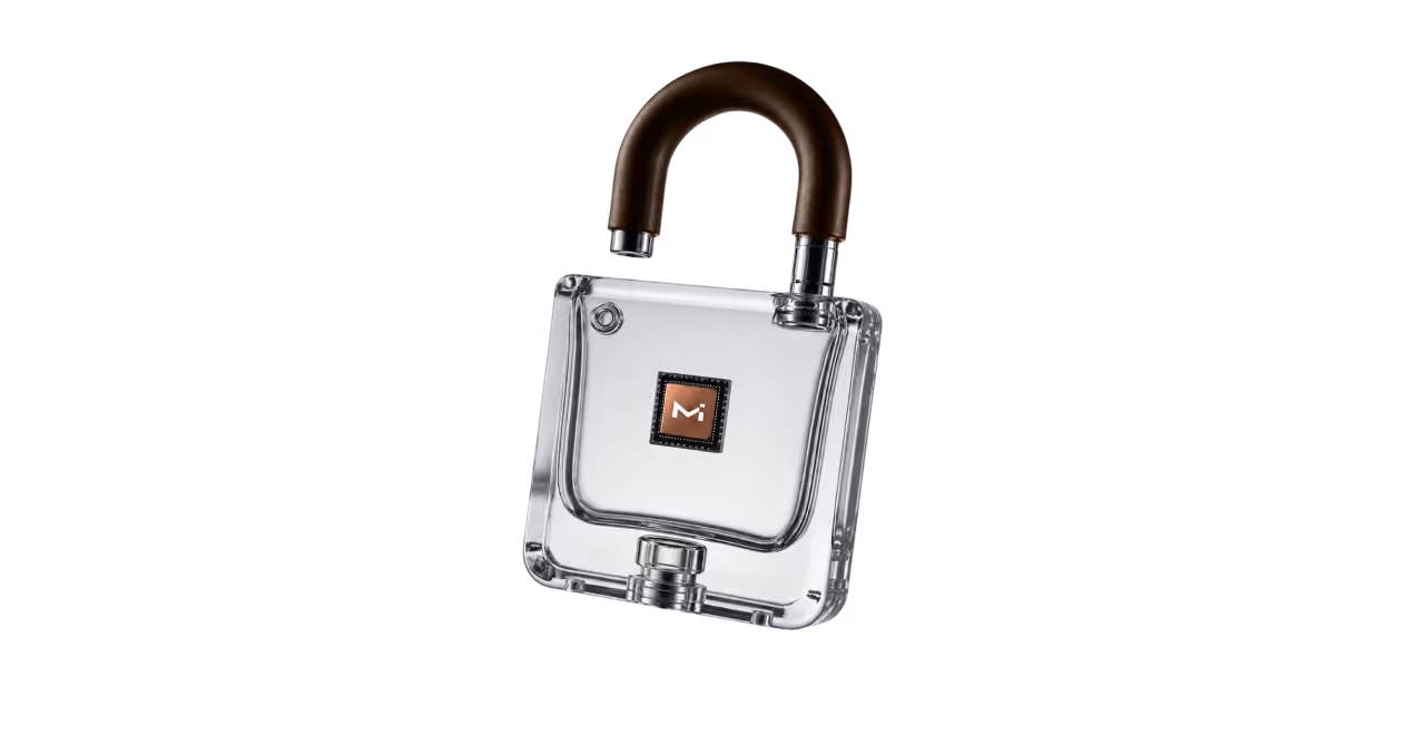 An open transparent glass padlock with a brown shackle and a square processor chip in the center