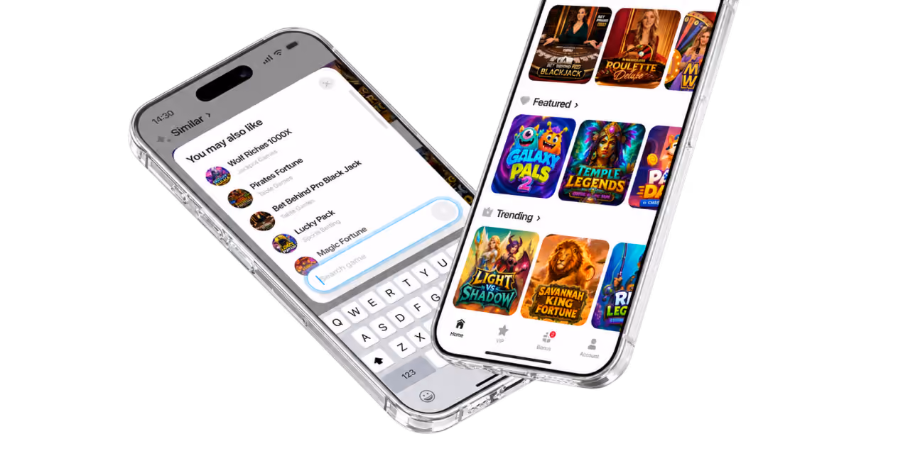 Two smartphones at an angle displaying an online casino app interface with game cards and a search screen