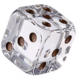 A transparent glass dice with brown dots