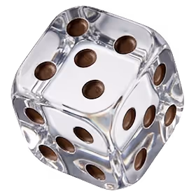 A transparent glass dice with brown dots