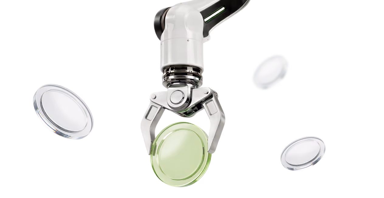 A transparent robotic arm holding a clear glass plaque with the text API on a white background