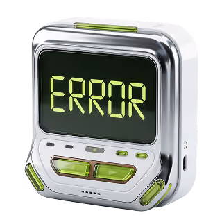 A futuristic white device in a metallic case with buttons and a screen displaying the word ERROR in lime green