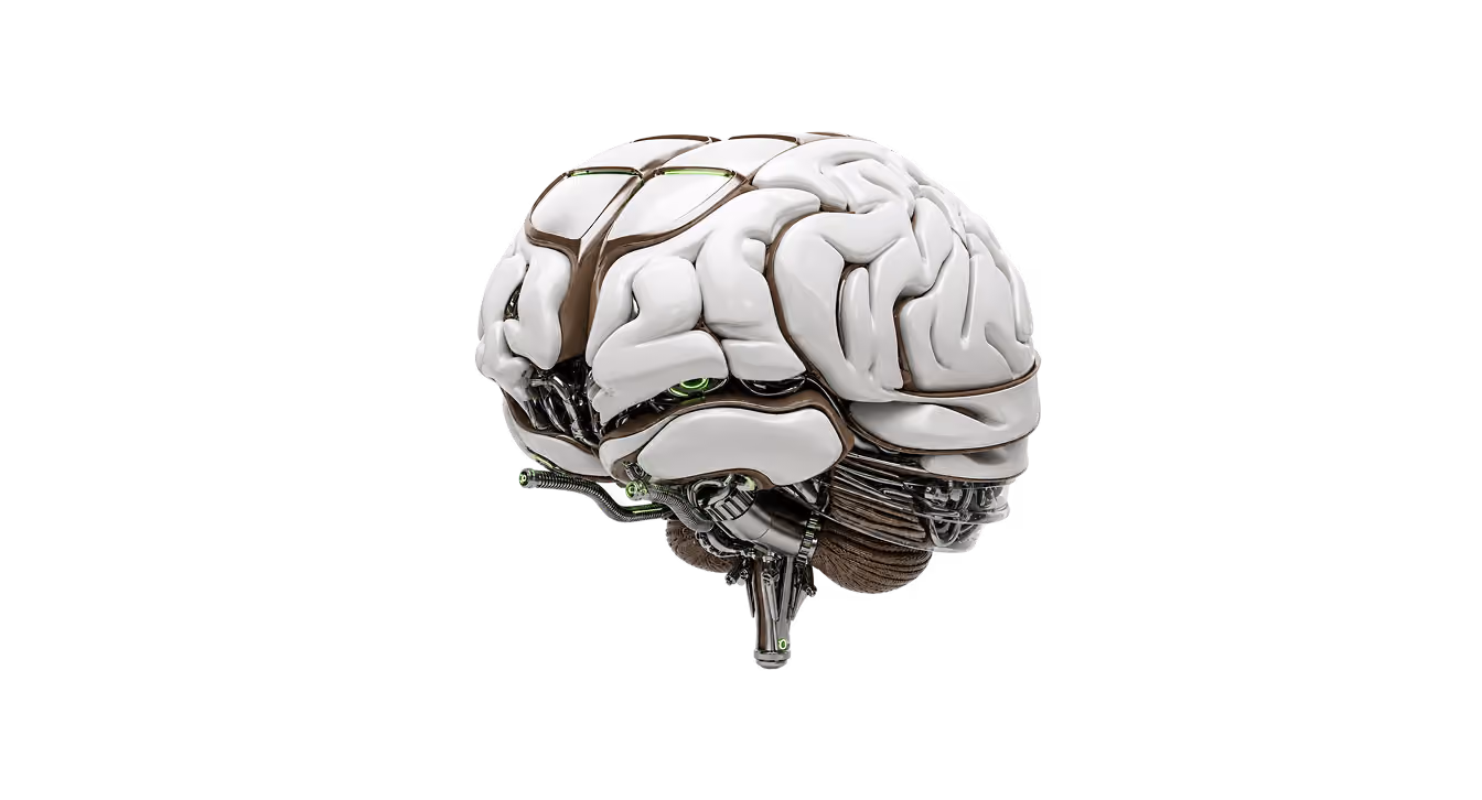 A robotic human brain with glossy white casing plates, metallic wires, and brown mechanical accents