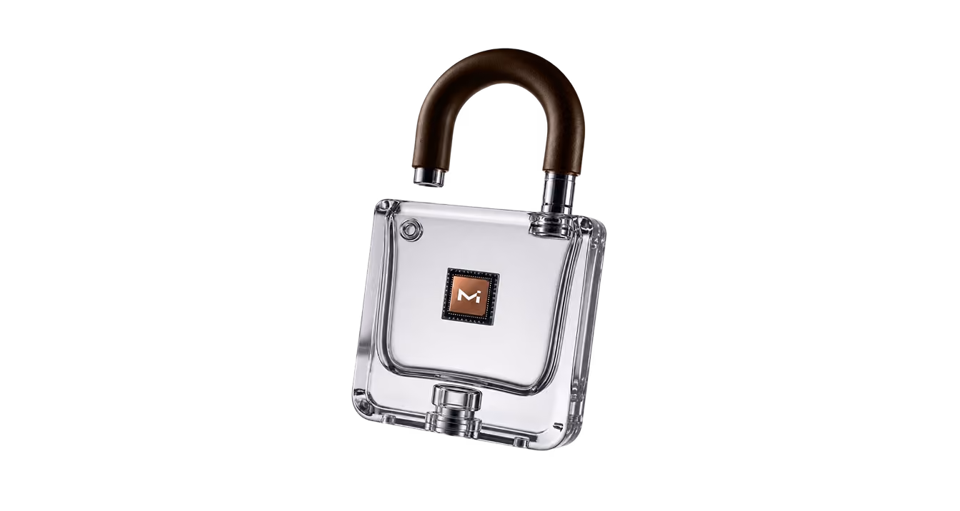 An open transparent glass padlock with a brown shackle and a square processor chip in the center