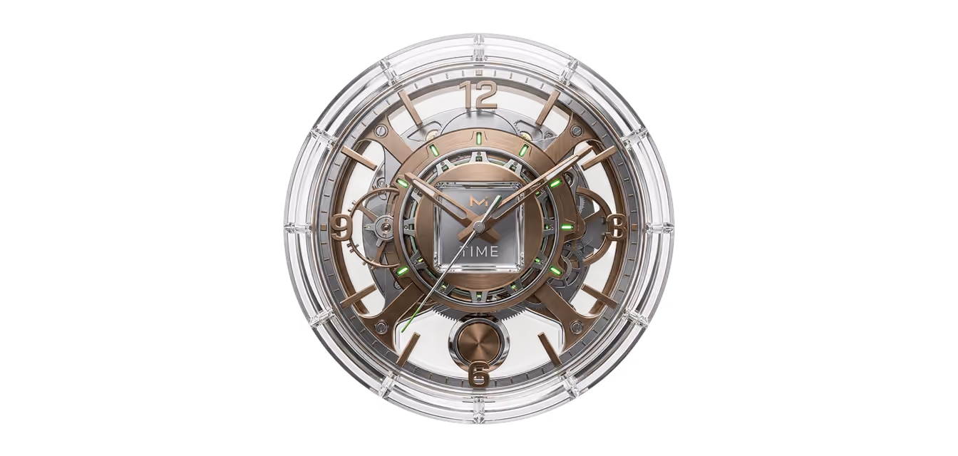 A round futuristic clock in a transparent glass case with bronze mechanical parts and green indicator lights