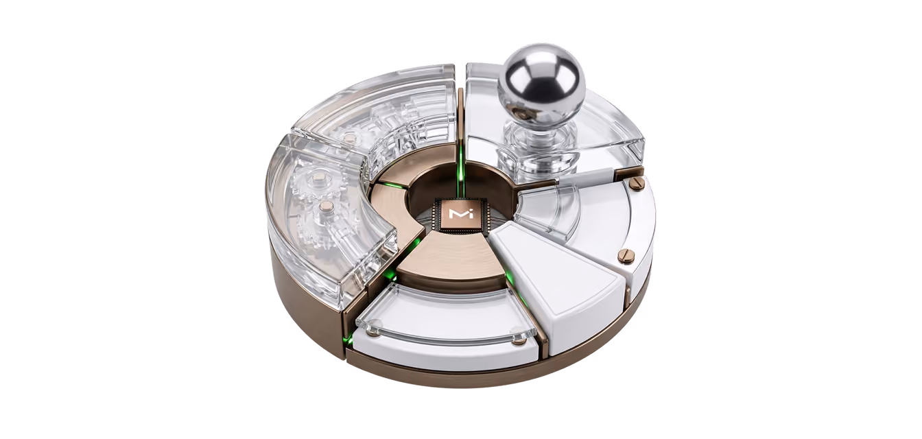 A circular futuristic mechanism divided into segments with gears, white panels, a central processor chip, and a metallic sphere