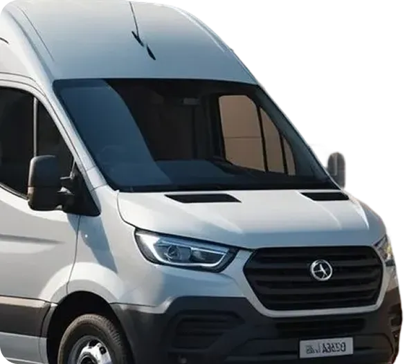 Front side view of a white delivery van with black grille and side mirrors.