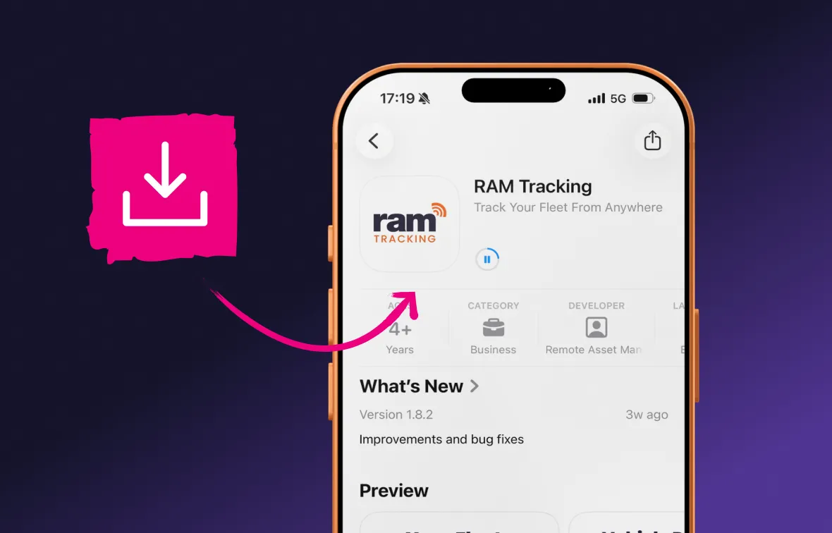 Smartphone screen showing RAM Tracking app page with an arrow pointing from a pink download icon to the app logo.