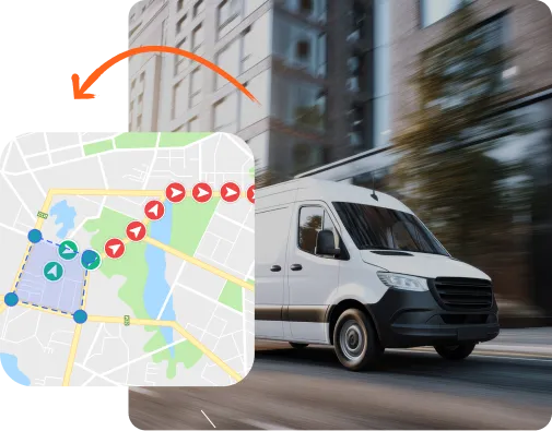 White delivery van driving fast on a city street with an inset map showing a tracked route overlaid with directional arrows and waypoints.
