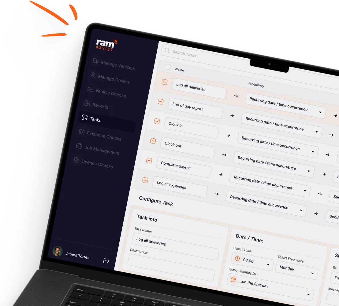 Laptop screen showing Ram Assist task management interface with task list including log deliveries, payroll, clock in/out, and expense logging.