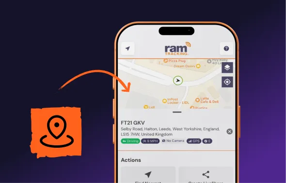Smartphone displaying a location tracking app with a map and vehicle details, highlighting GPS and driving status.