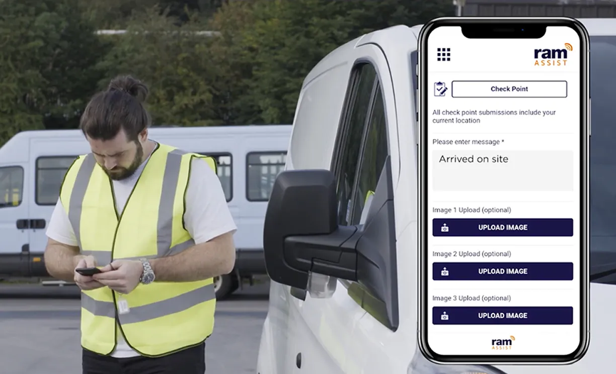 Man in a yellow safety vest using a smartphone beside a white van, with a mobile screen showing the Ram Assist app for check point message and image uploads.