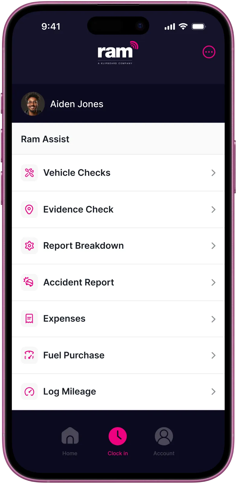 Smartphone screen displaying Ram Tracking app map with vehicle FT21 GKV location on Selby Road, Leeds, showing driving status, speed, GPS signal, and options for route replay and vehicle reports.