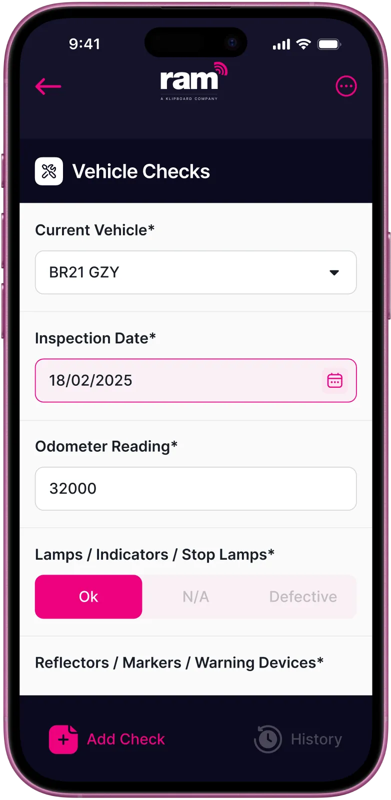 Mobile app screen showing list of tracked vehicles with IDs, locations, timestamps, driving status, speeds in MPH, camera status, GPS signal, and directions.