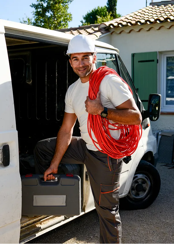 Smiling male construction worker with white hard hat holding a red electrical cable and a toolbox, standing beside a white van.