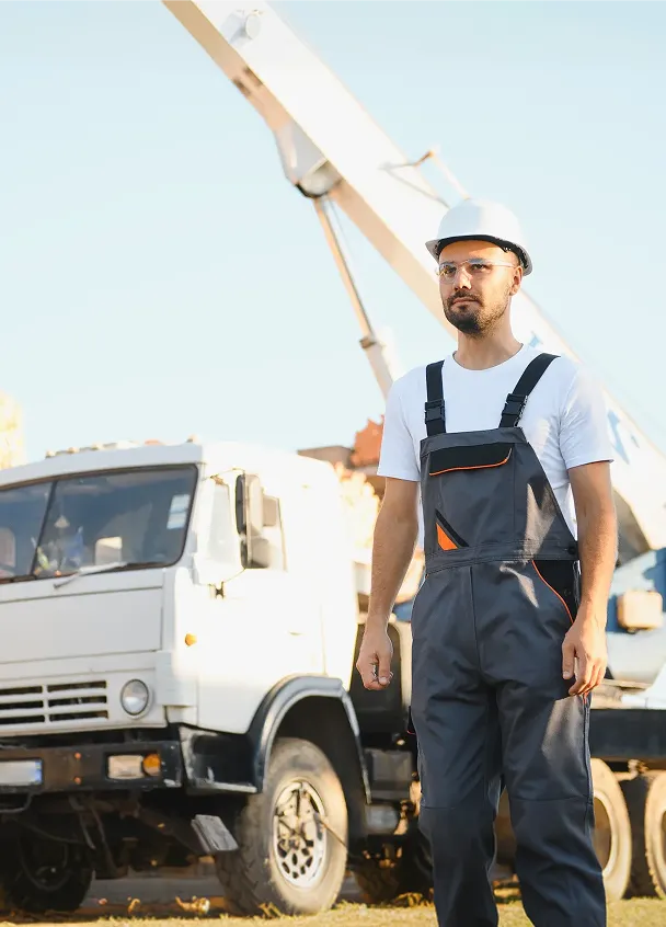 Construction worker wearing a white helmet and gray overalls standing in front of a white crane truck outdoors.
