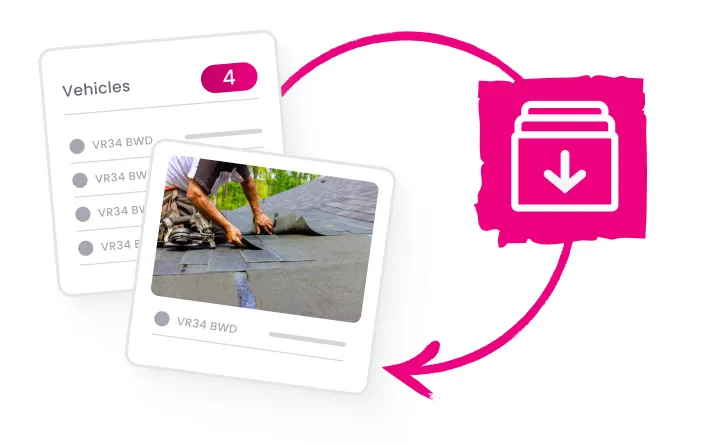 Graphic showing two digital cards with vehicle model selections and a photo of someone installing roof shingles, connected by circular arrows to a pink icon of a download folder.