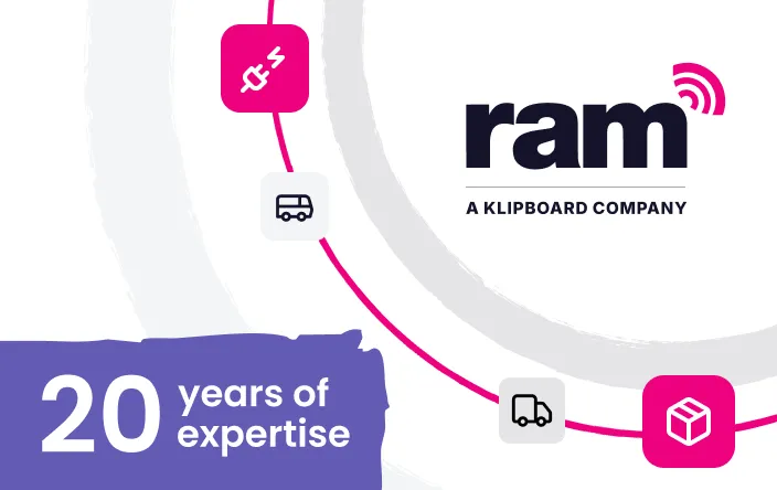 Ram company logo with icons of electric plug, bus, car, and shield connected by a curved line and text stating 20 years of expertise.