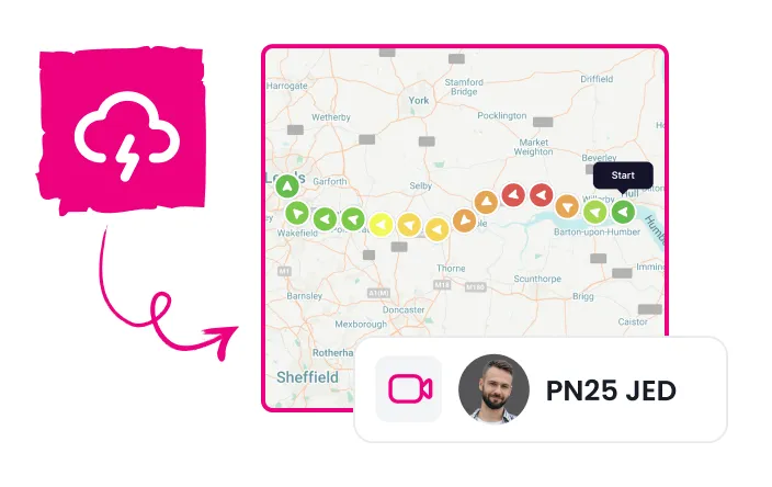 Map showing a route marked with colored directional arrows from Wakefield to Barton-upon-Humber, with a video icon and profile picture labeled PN25 JED.