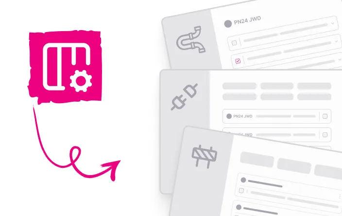 Pink icon of a checklist with a gear symbol connected by an arrow to gray-toned forms showing plumbing, electric plug, and barrier icons.