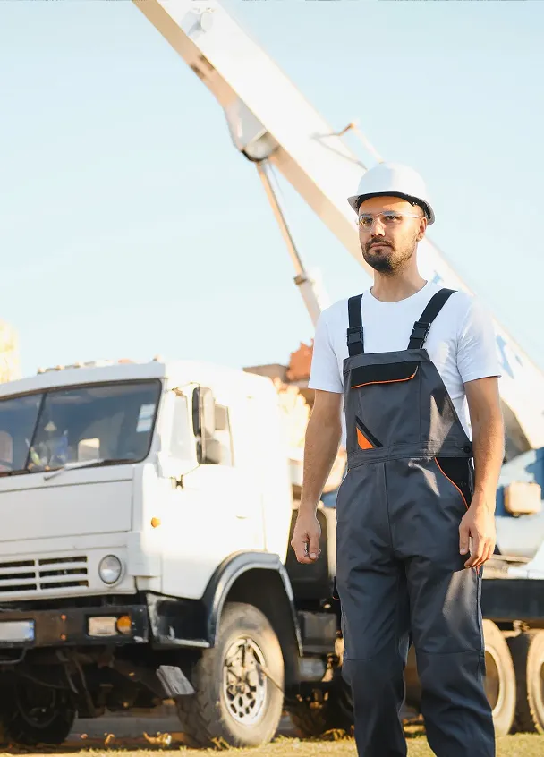 Construction worker wearing a white hard hat and grey overalls standing in front of a white construction truck with a crane arm.