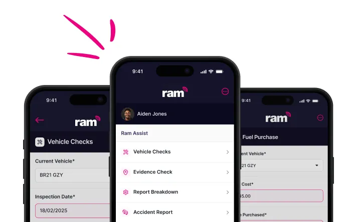 Three smartphones showing a vehicle management app with features like vehicle checks, evidence check, report breakdown, accident report, and fuel purchase details.