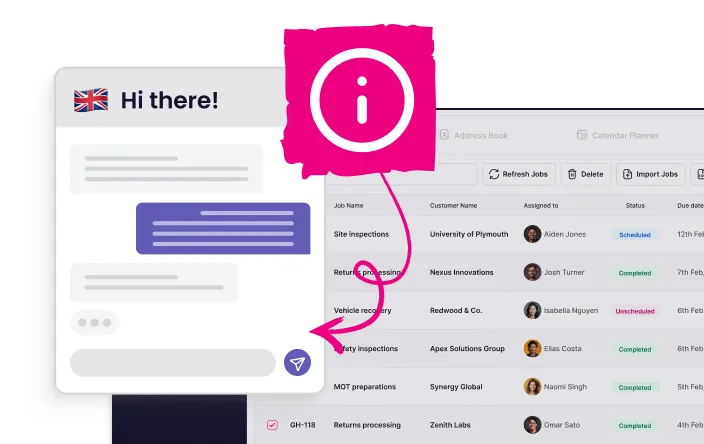 Dashboard screen showing task management with job statuses like Scheduled, Completed, and Unscheduled along with a chat window greeting 'Hi there!' and an information icon.