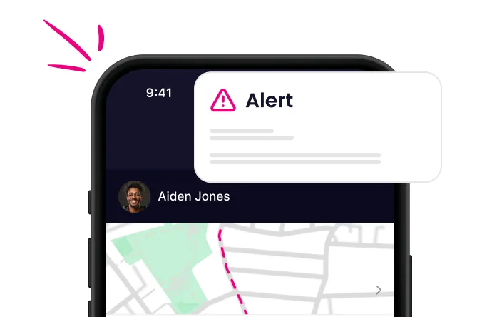 Smartphone screen showing a map with a pink dotted route, a profile picture labeled Aiden Jones, and a notification alert popup.