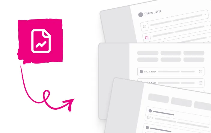 Graphic showing a pink icon of a document with a rising graph and an arrow pointing to three overlapping, stylized grayscale web pages with blurred text and checkboxes.