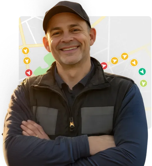 Smiling man wearing a cap and dark vest with arms crossed, standing in front of a map with colorful directional icons.