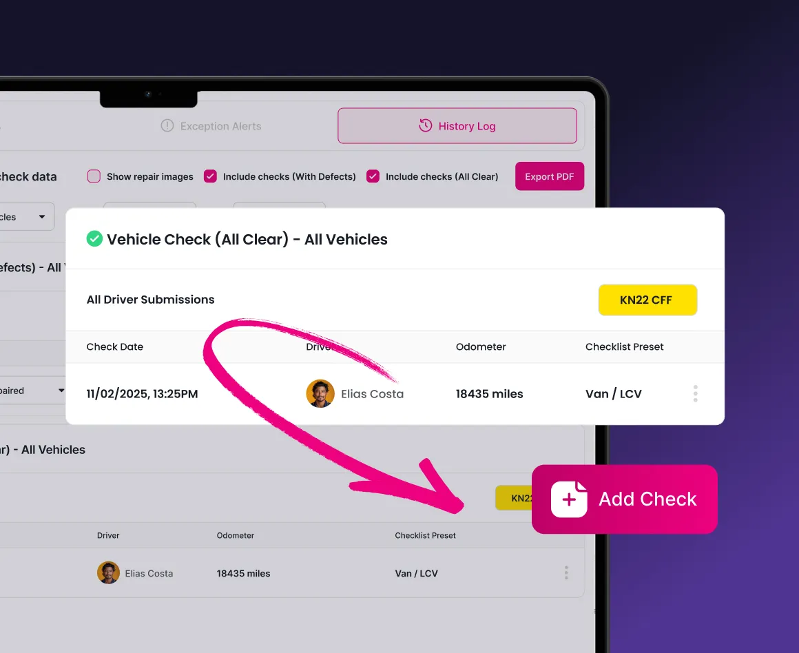 Screenshot of a vehicle check interface showing a completed check for vehicle KN22 CFF with driver Elias Costa, odometer reading 18435 miles, and checklist preset Van/LCV, with a pink arrow pointing to an 'Add Check' button.