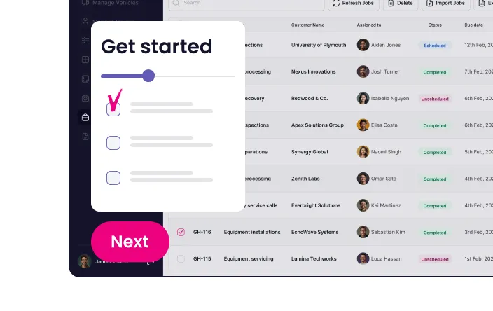 User interface showing a 'Get started' checklist with one checked item and a prominent pink 'Next' button, overlaying a vehicle management job list with tasks, assigned personnel, status, and due dates.